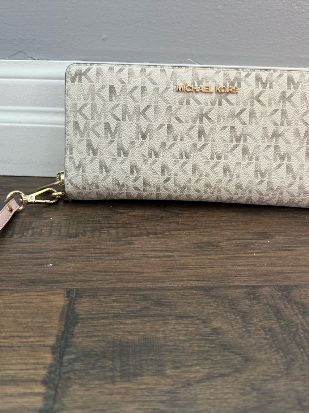 Michael Kors Beige Logo Zip-Around Wristlet Wallet with Gold Hardware